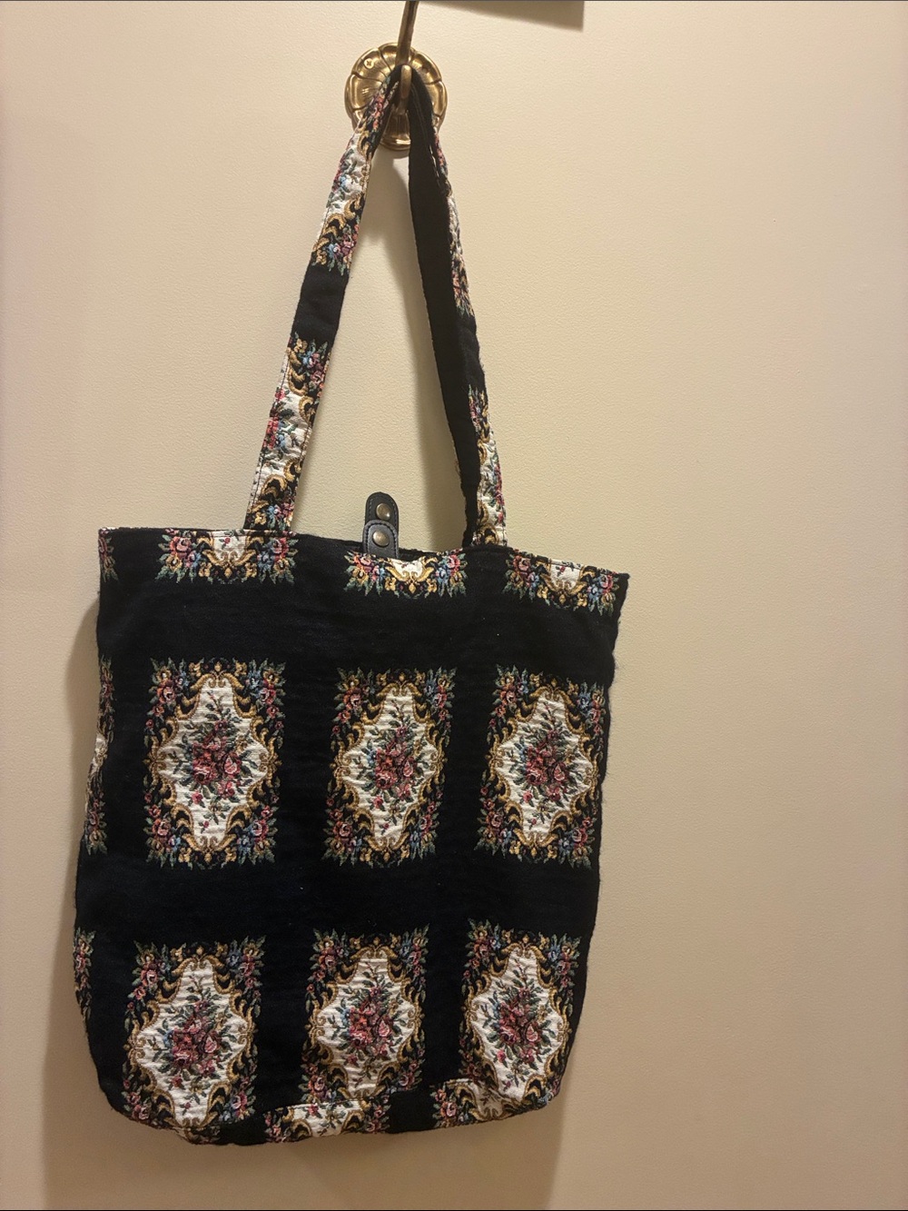Kenneth Cole Quilted Black Tote with Cream Floral Medallions